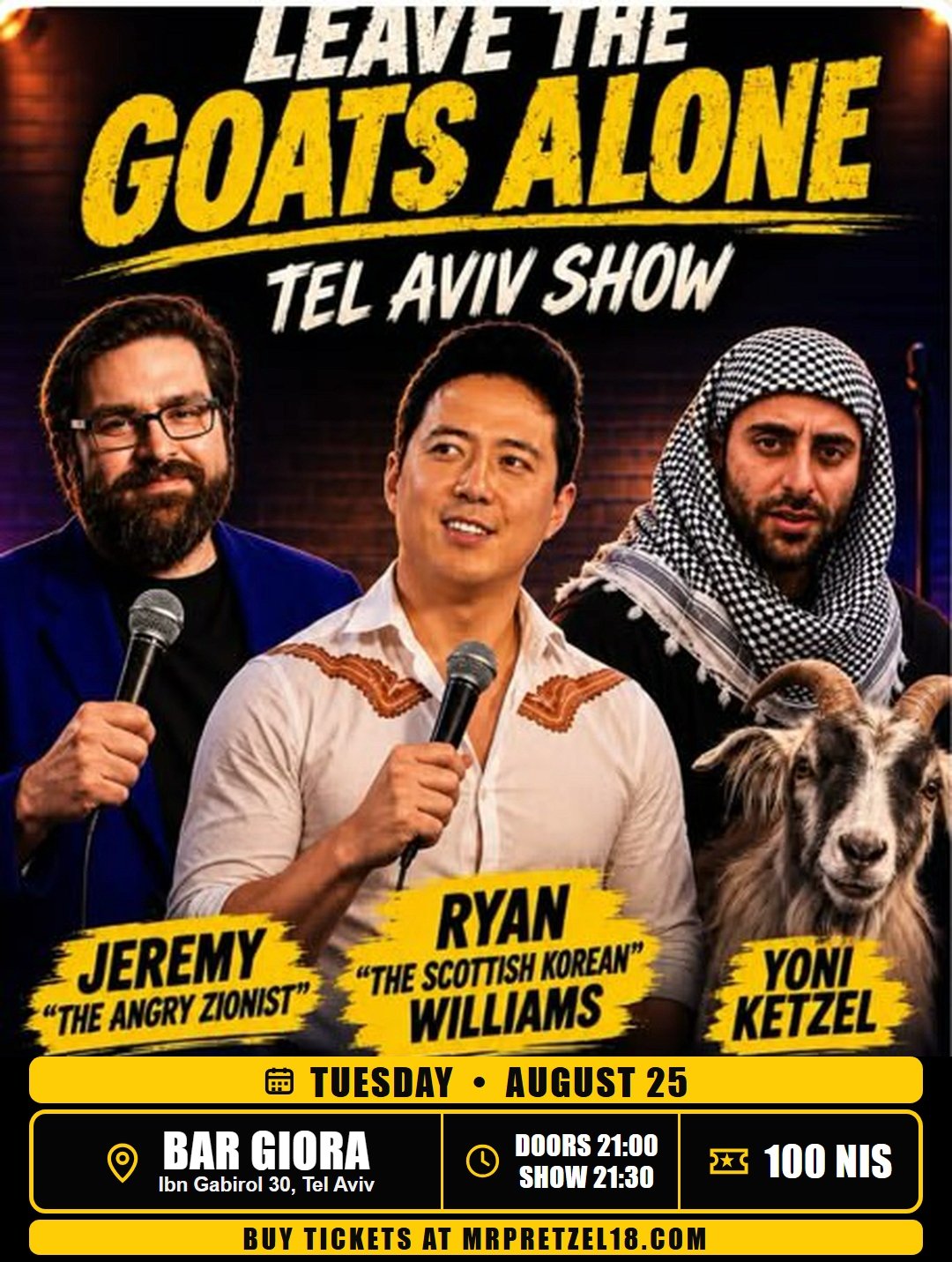 Leave the Goats Alone — Tel Aviv, Bar Giora, Tuesday August 25, doors 21:00, show 21:30, ₪100
